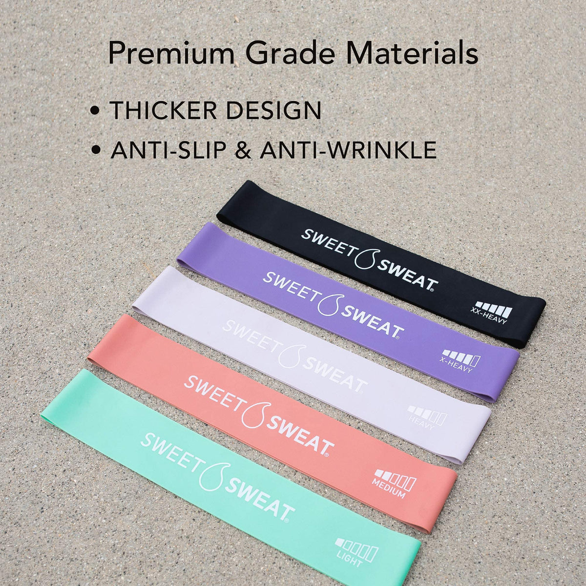 Sweet Sweat Mini Loop Resistance Bands - Set of 5 - Exercise Hip Booty Bands for Squats, Lunges, Physical Therapy, Yoga, Pilates, Rehab & Home or Gym Workouts