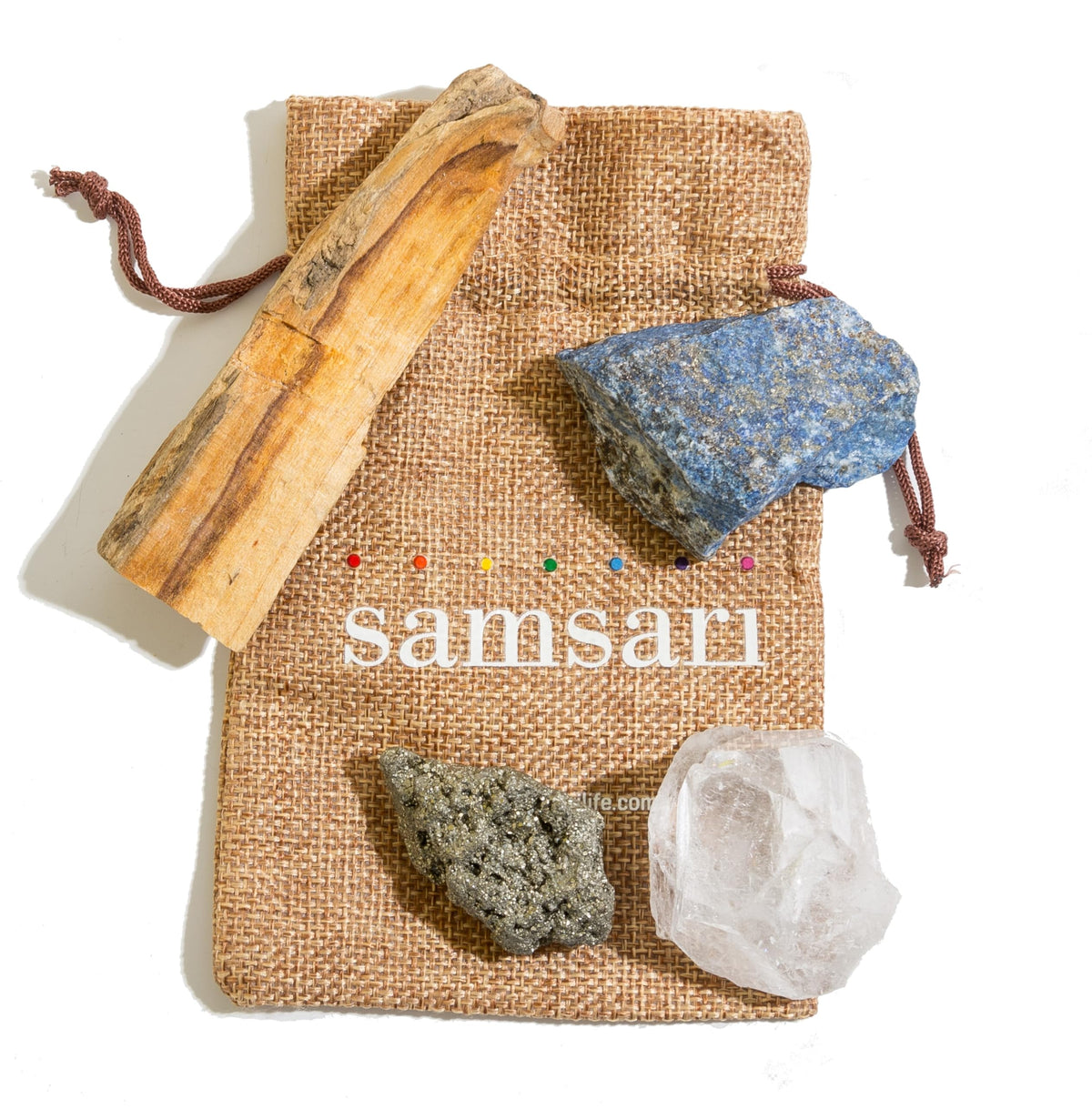 5PCS SAMSARI Abundance XL Crystals Healing Set - (Pyrite, Lapis Lazuli, Clear Quartz), 1 Palo Santo Stick