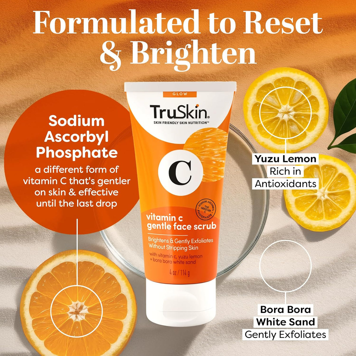 TruSkin Vitamin C Brightening Face Scrub with Yuzu Lemon, 4 fl oz - With Bora Bora white sand to gently exfoliate, smooth skin texture and reveal softer, more radiant-looking skin
