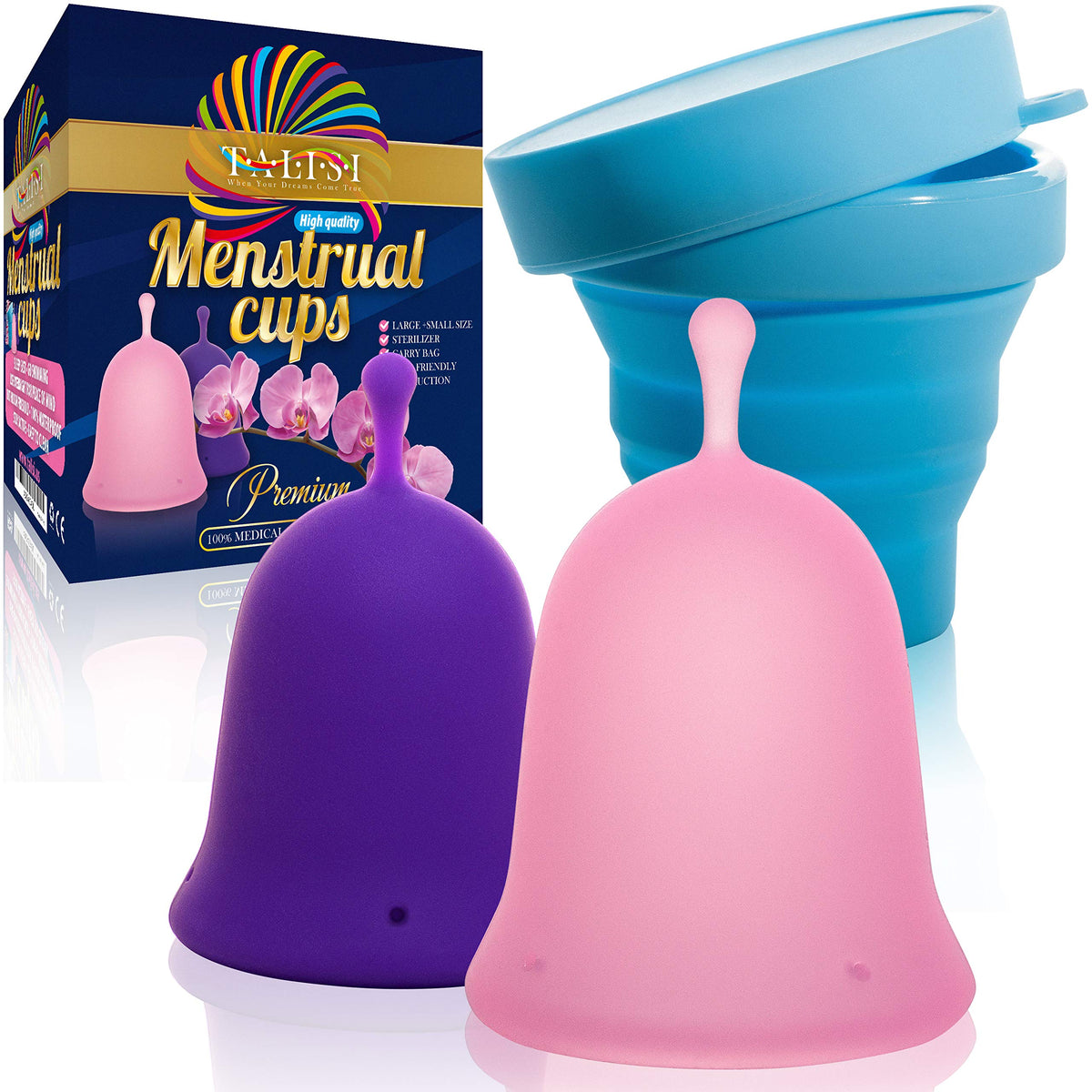 Talisi Menstrual Cups Set of 2 with Collapsible Silicone Sterilizer - Soft & Flexible Sensitive Feminine