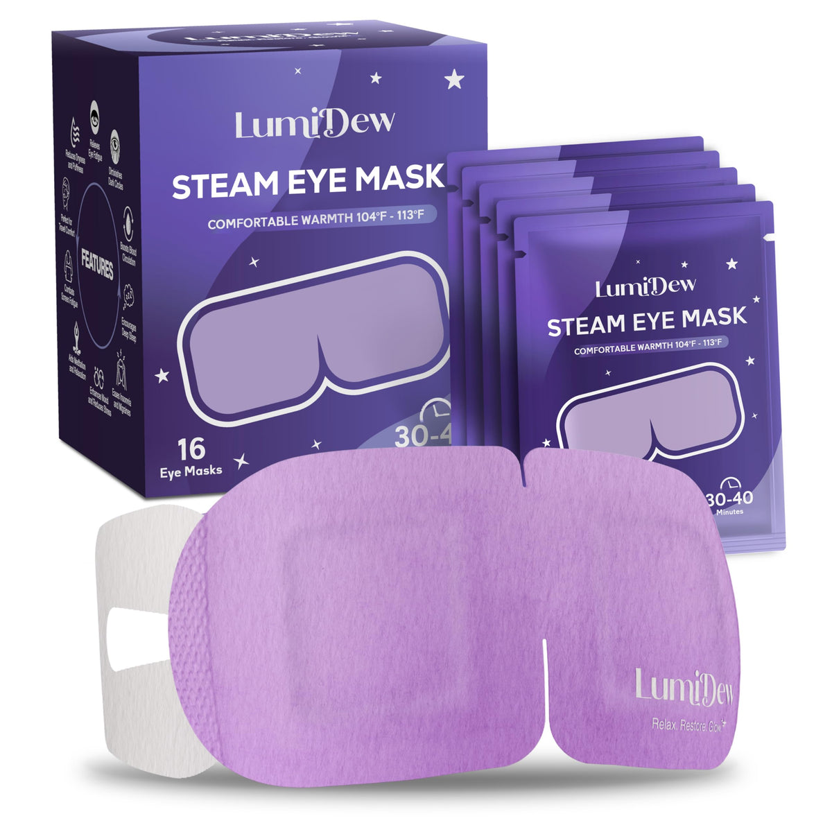 LumiDew self heating steam eye mask warm compress for dry eye relief and sleep relaxation unscented 16 pack