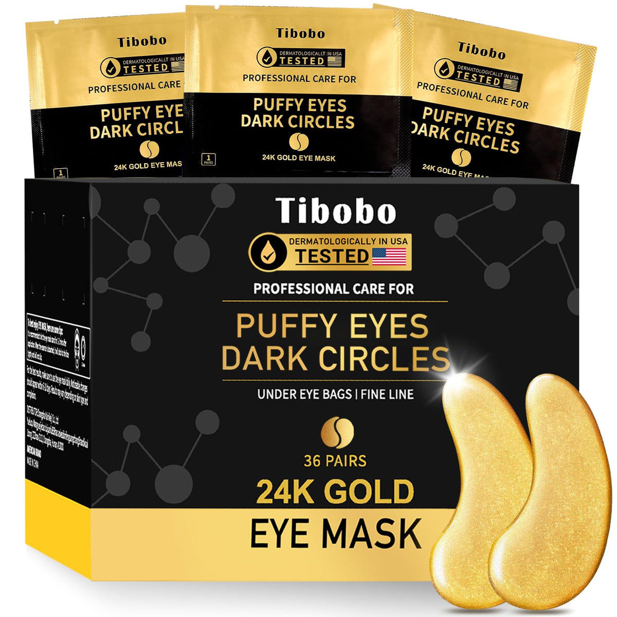 Box of 36 pairs of Tibobo 24K gold under-eye patches, vegan and USA tested for reducing dark circles and wrinkles.