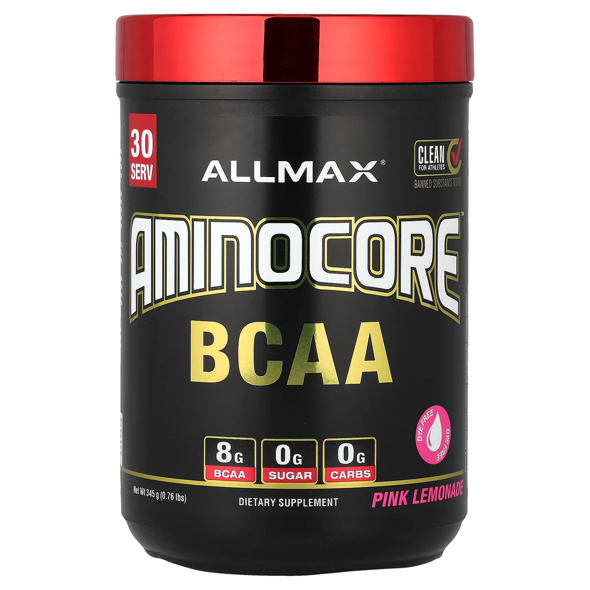 ALLMAX AminoCore BCAA powder pink lemonade sugar free amino acids B vitamins muscle recovery endurance 30 servings supplement