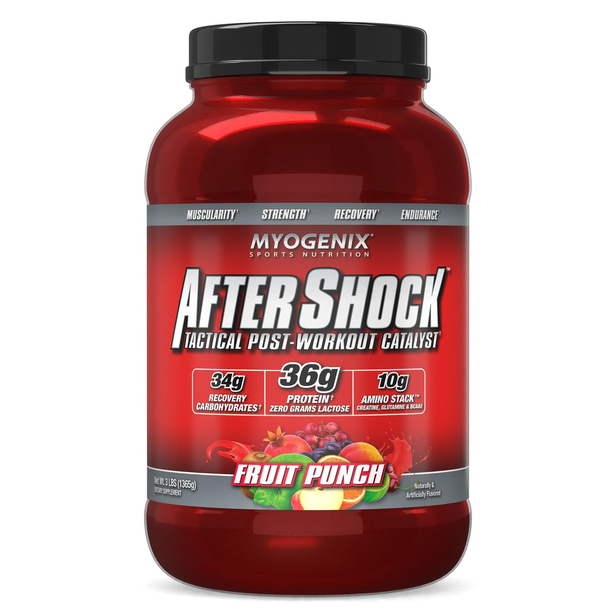 Myogenix Aftershock post workout whey protein fruit punch 3 lbs muscle growth recovery glycogen joint support supplement