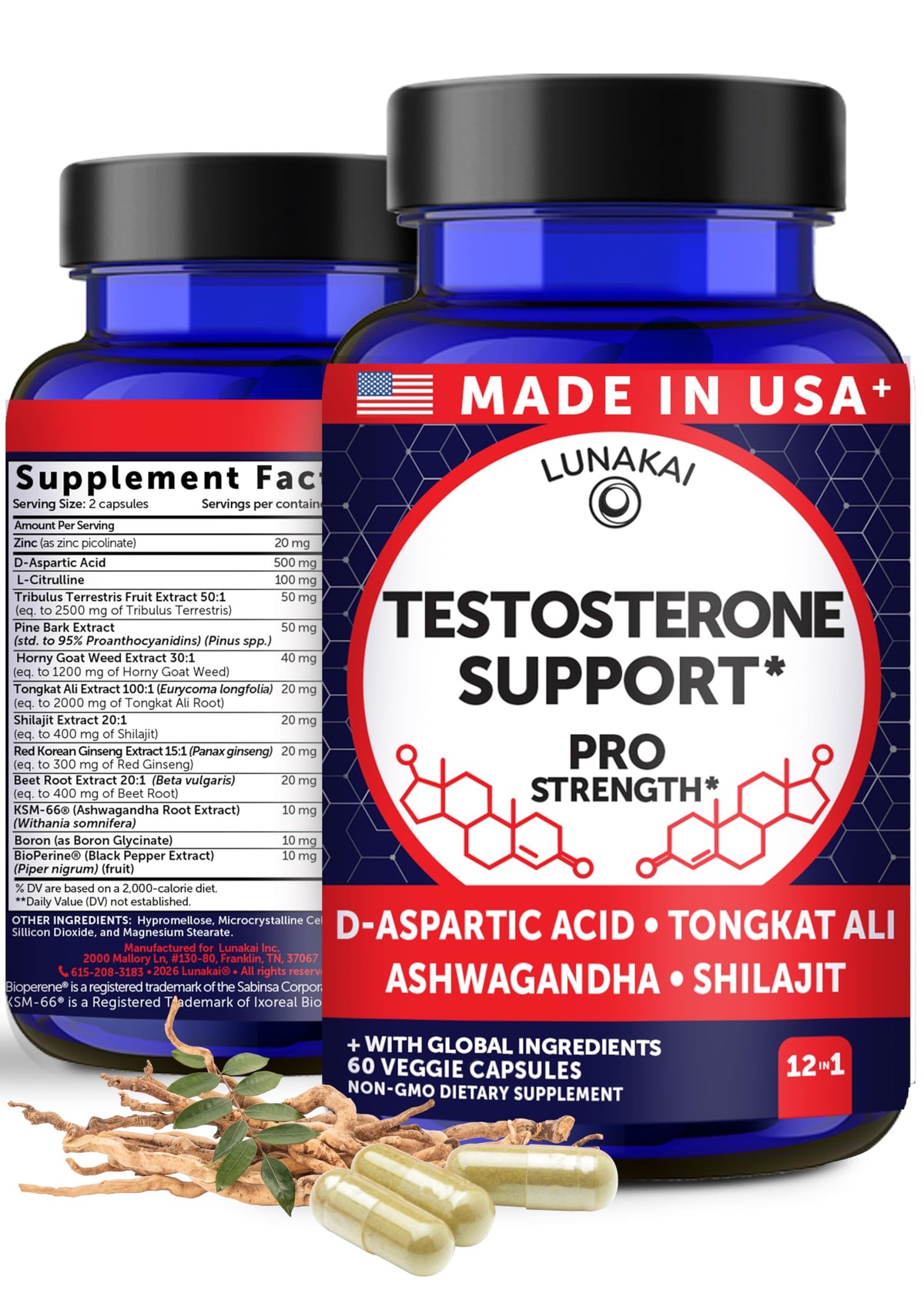 Lunakai testosterone booster capsules men Tongkat Ali Ashwagandha Shilajit energy strength stamina performance USA made 60 capsules bottle